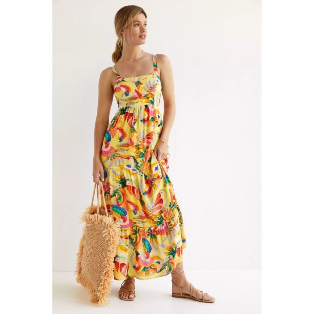 Anthropologie Farm Rio Yellow Textured Tropical Floral Maxi Dress Women'…